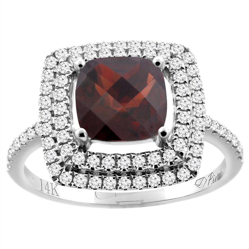 14K Gold Natural Garnet Ring Cushion Cut 7x7 mm Double Halo Diamond Accents, sizes 5 - 10