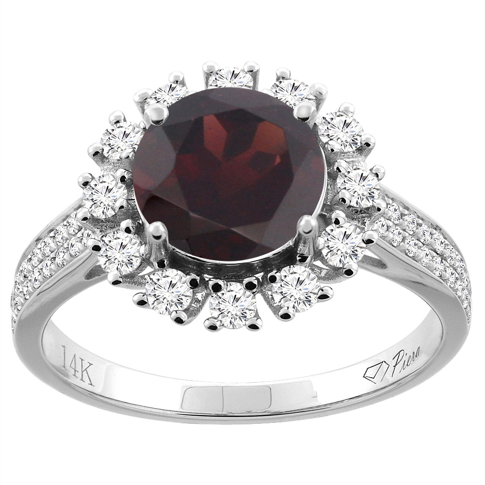 14K Gold Natural Garnet Ring Round 8 mm Diamond Accents, sizes 5 - 10