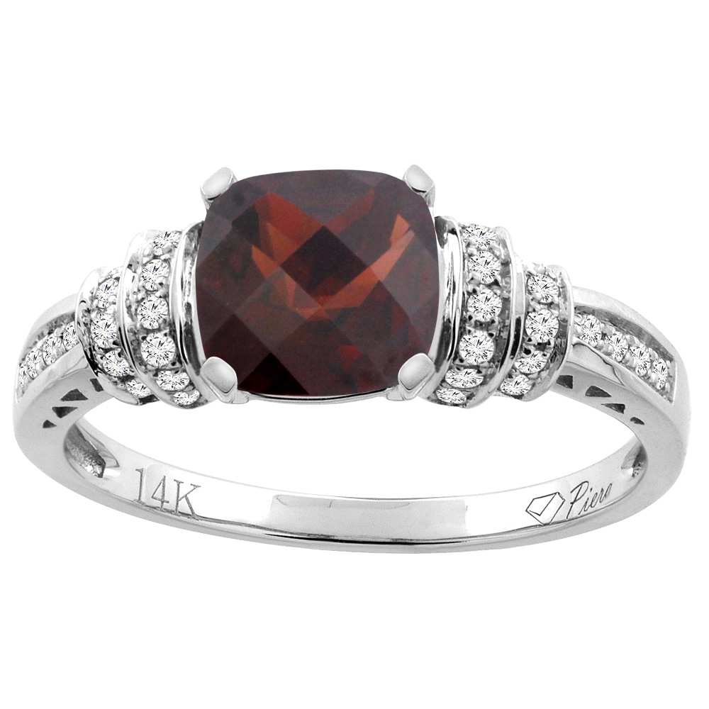 14K Gold Natural Garnet Ring Cushion Cut 7x7 mm Diamond Accents, sizes 5 - 10