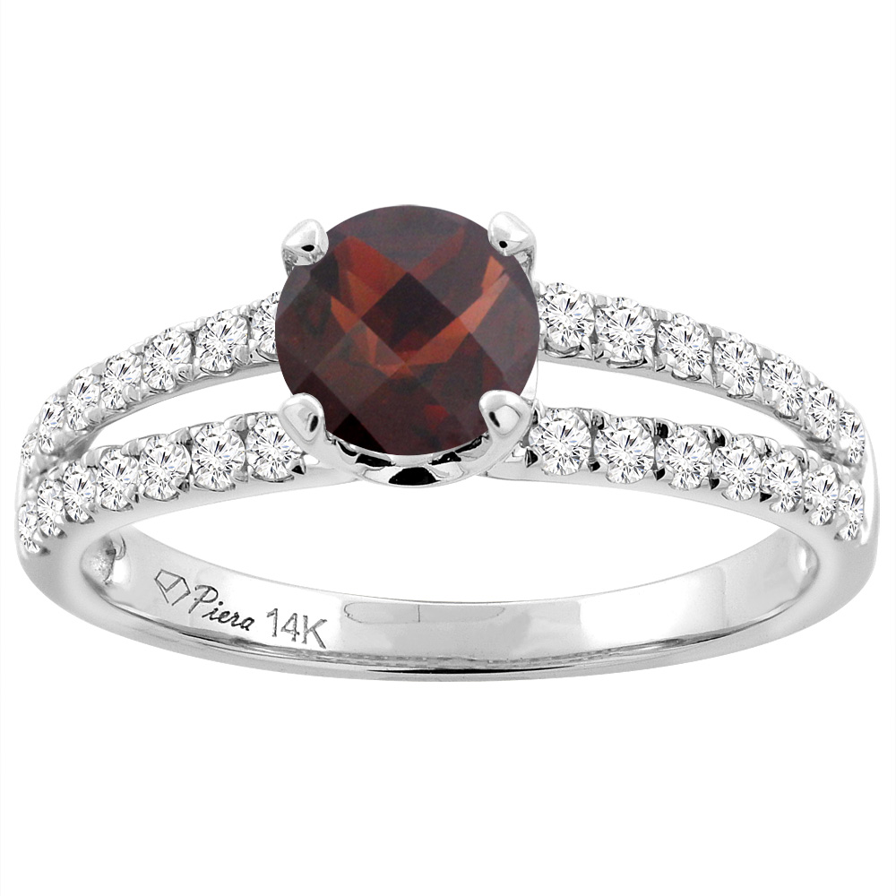 14K White Gold Natural Garnet Engagement Ring Round 6 mm Split Shank Diamond Accents, sizes 5 - 10