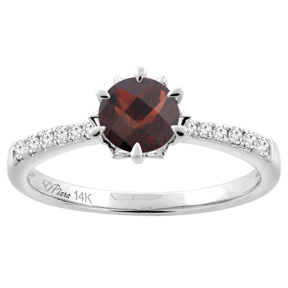 14K White Gold Natural Garnet Engagement Ring Round 6 mm & Diamond Accents, sizes 5 - 10