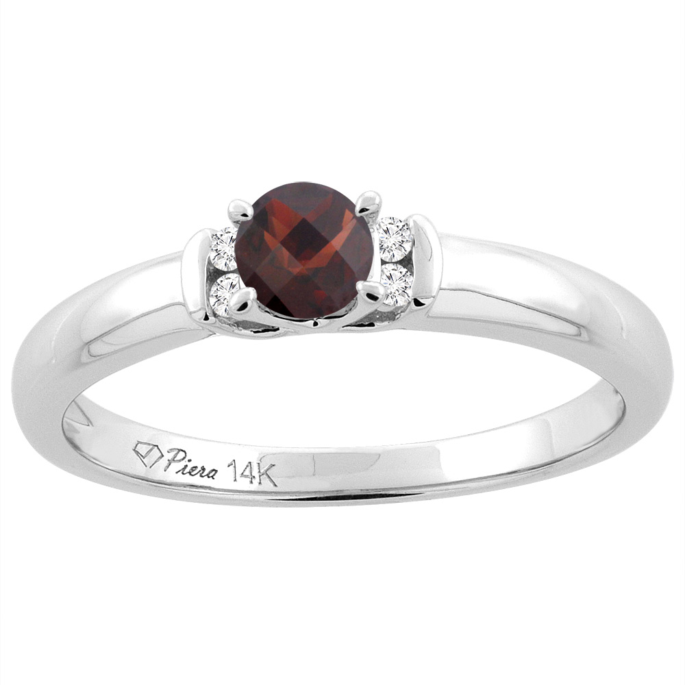 14K White Gold Natural Garnet Engagement Ring Round 4 mm & Diamond Accents, sizes 5 - 10