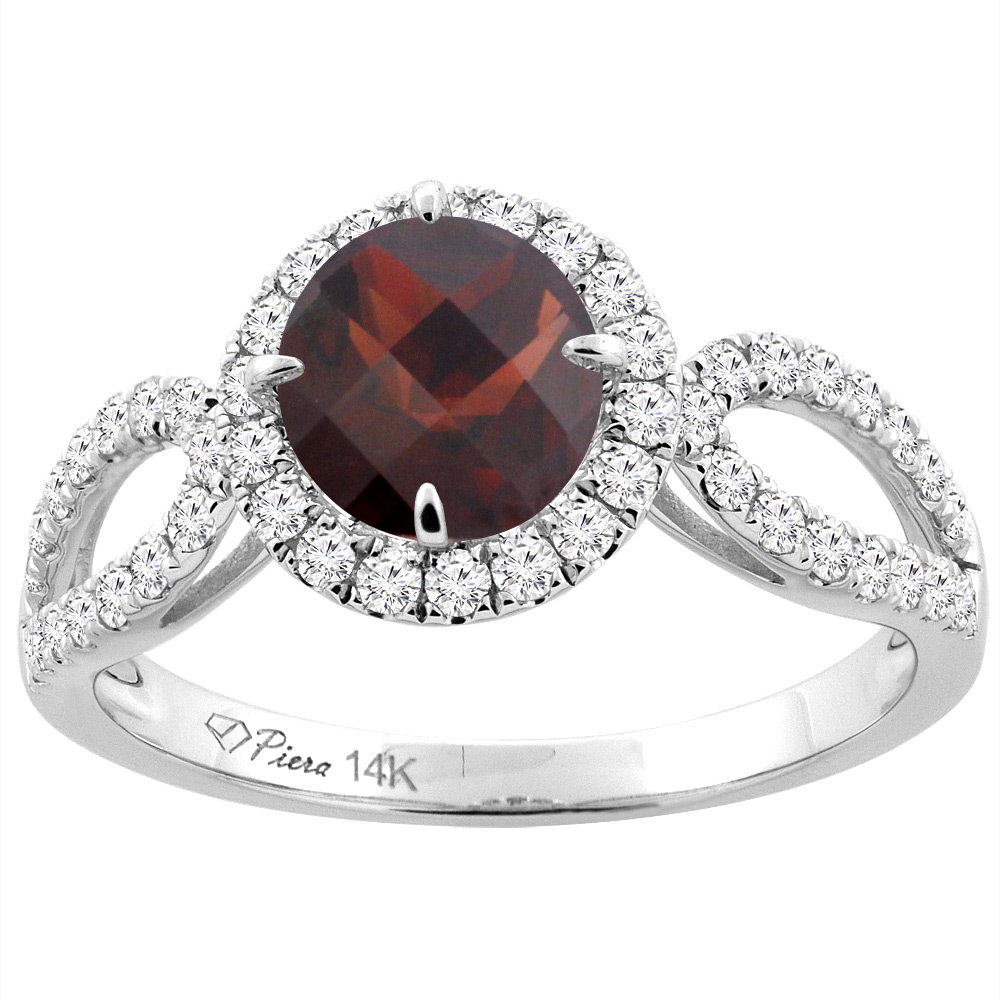 14K White Gold Natural Garnet Engagement Halo Ring Round 6 mm & Diamond Accents, sizes 5 - 10