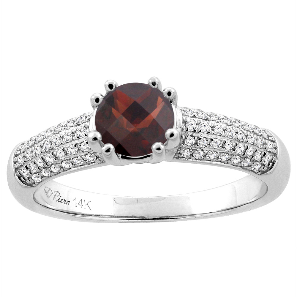 14K White Gold Natural Garnet Engagement Ring Round 6 mm & Diamond Accents, sizes 5 - 10