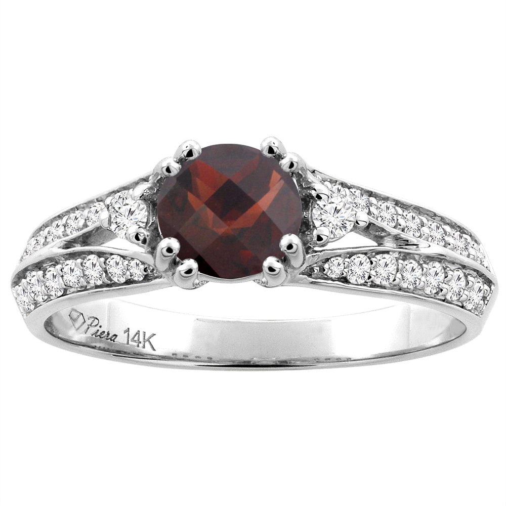 14K White Gold Natural Garnet Engagement Ring Round 6 mm &amp; Diamond Accents, sizes 5 - 10