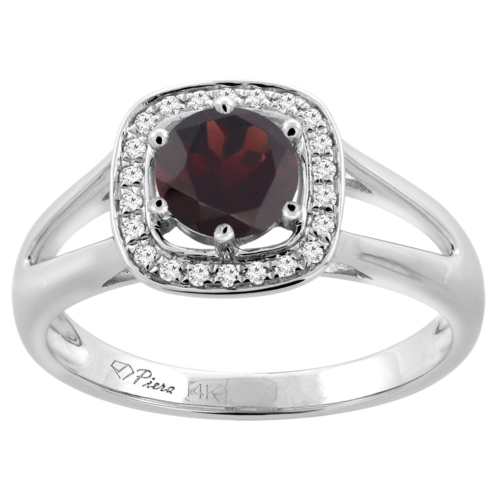 14K White Gold Natural Garnet Engagement Halo Ring Round 6 mm &amp; Diamond Accents, sizes 5 - 10