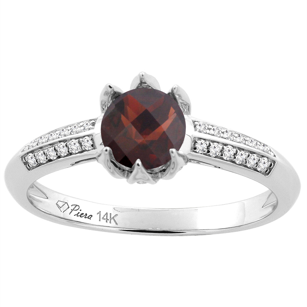 14K White Gold Natural Garnet Engagement Ring Round 6 mm & Diamond Accents, sizes 5 - 10