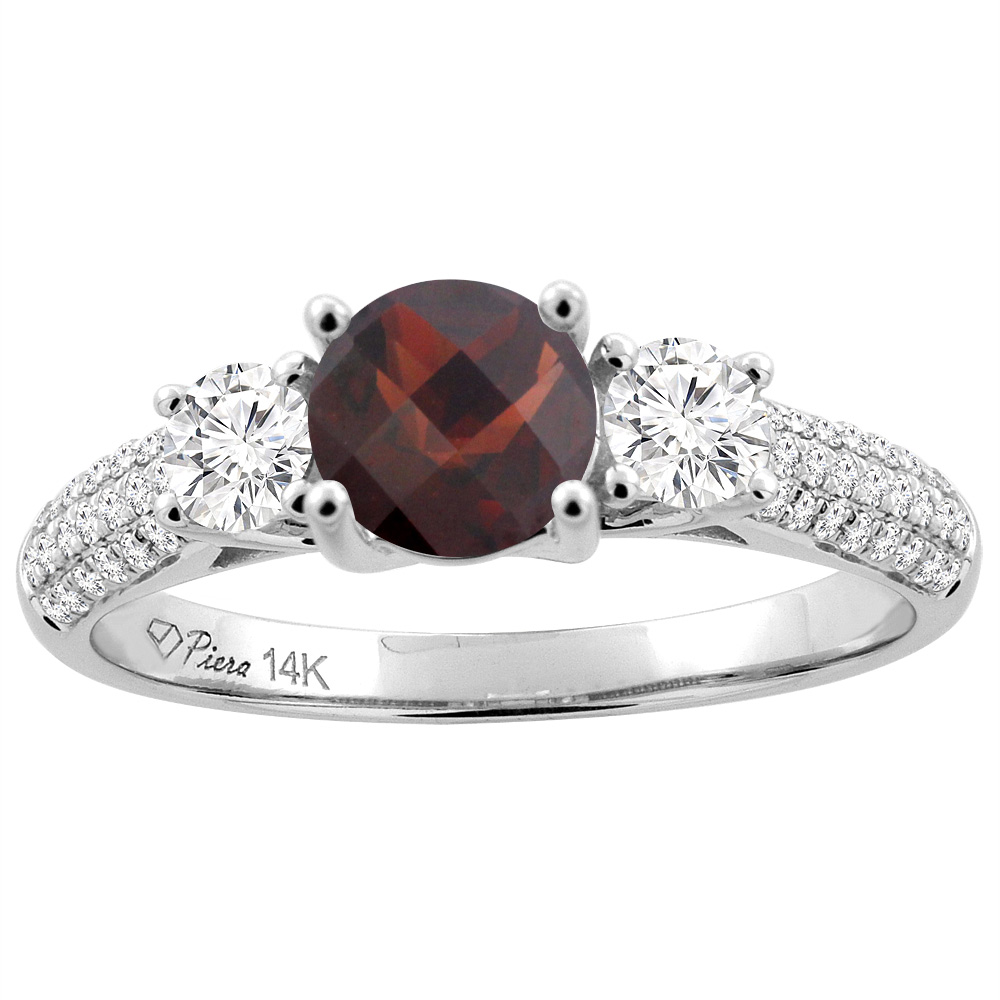 14K White Gold Natural Garnet Engagement Ring Round 6 mm &amp; Diamond Accents, sizes 5 - 10