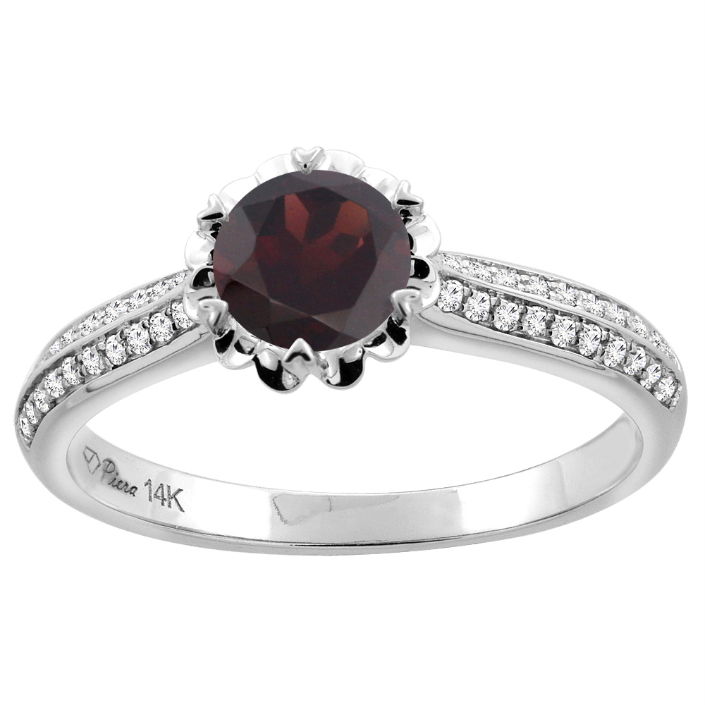 14K White Gold Natural Garnet Engagement Ring Round 6 mm & Diamond Accents, sizes 5 - 10