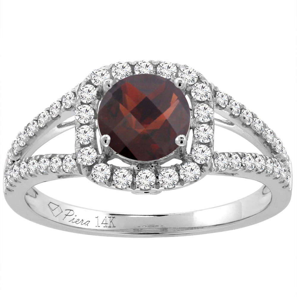 14K White Gold Diamond Natural Garnet Engagement Halo Ring Round 7 mm, sizes 5-10