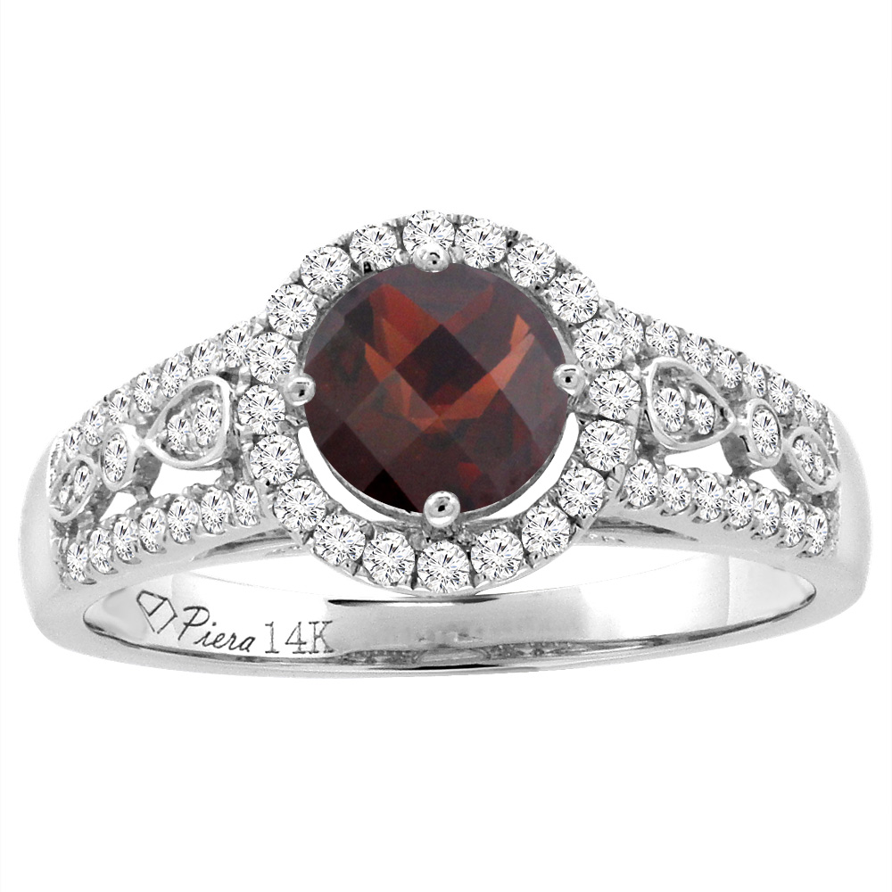 14K Yellow Gold Diamond Natural Garnet Engagement Halo Ring Round 7 mm, sizes 5-10