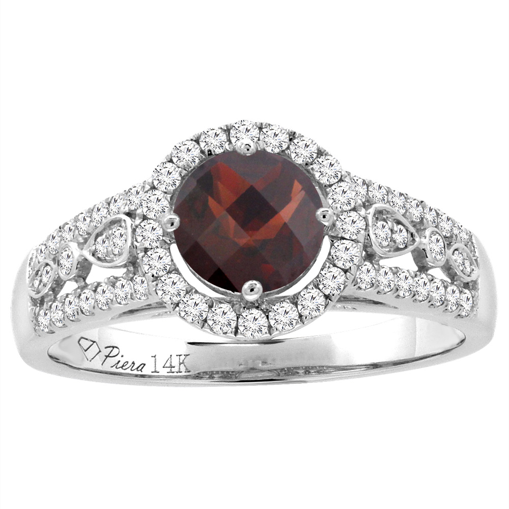 14K White Gold Diamond Natural Garnet Engagement Halo Ring Round 7 mm, sizes 5-10