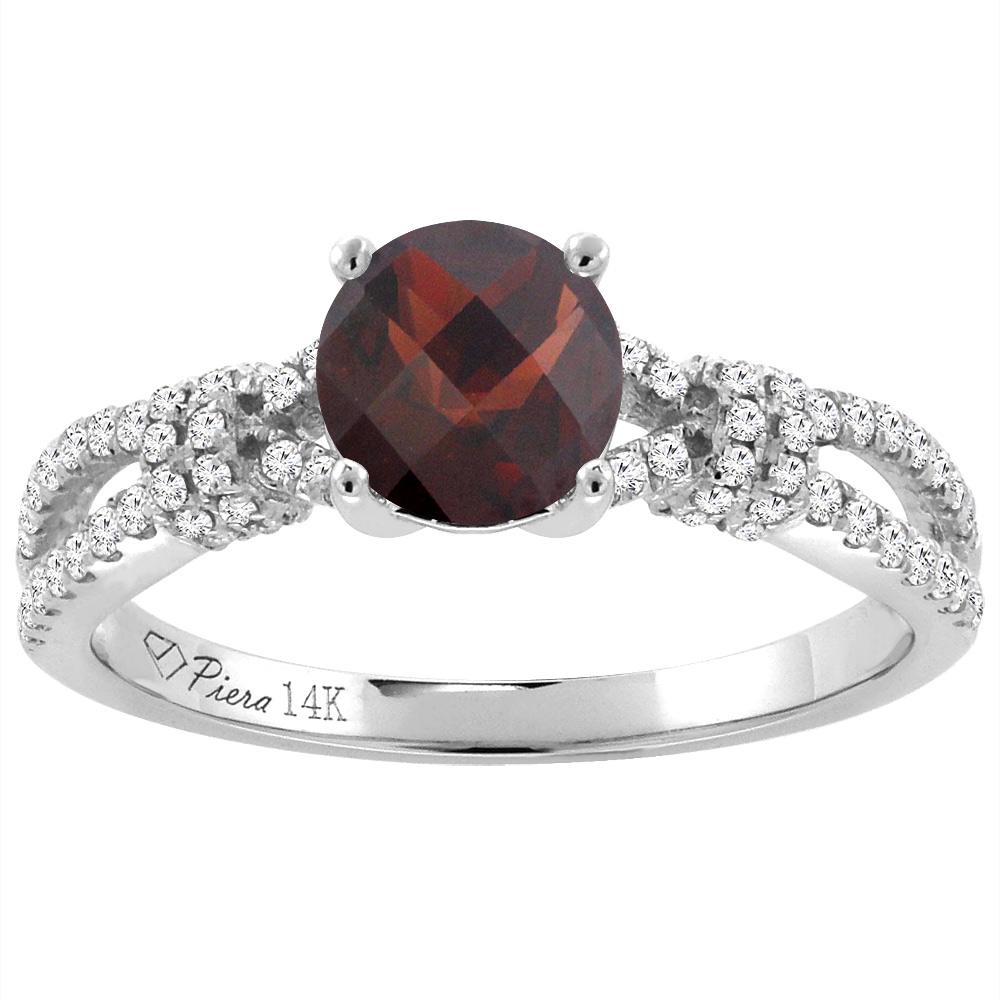 14K White Gold Diamond Natural Garnet Engagement Ring Round 7 mm, sizes 5-10