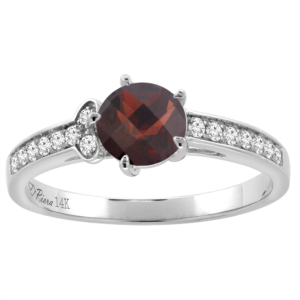 14K White Gold Diamond Natural Garnet Engagement Ring Round 7 mm, sizes 5-10