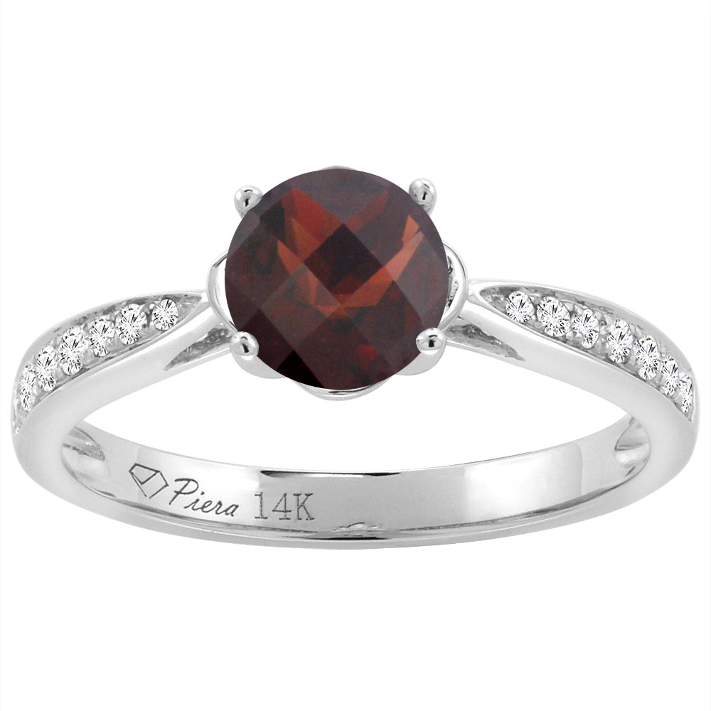 14K White Gold Diamond Natural Garnet Engagement Ring Round 7 mm, sizes 5-10