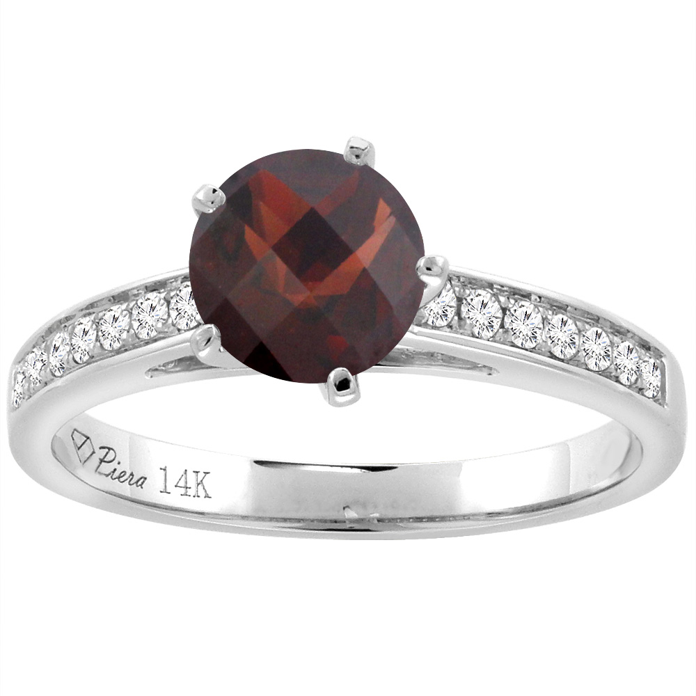 14K White Gold Diamond Natural Garnet Engagement Ring Round 7 mm, sizes 5-10