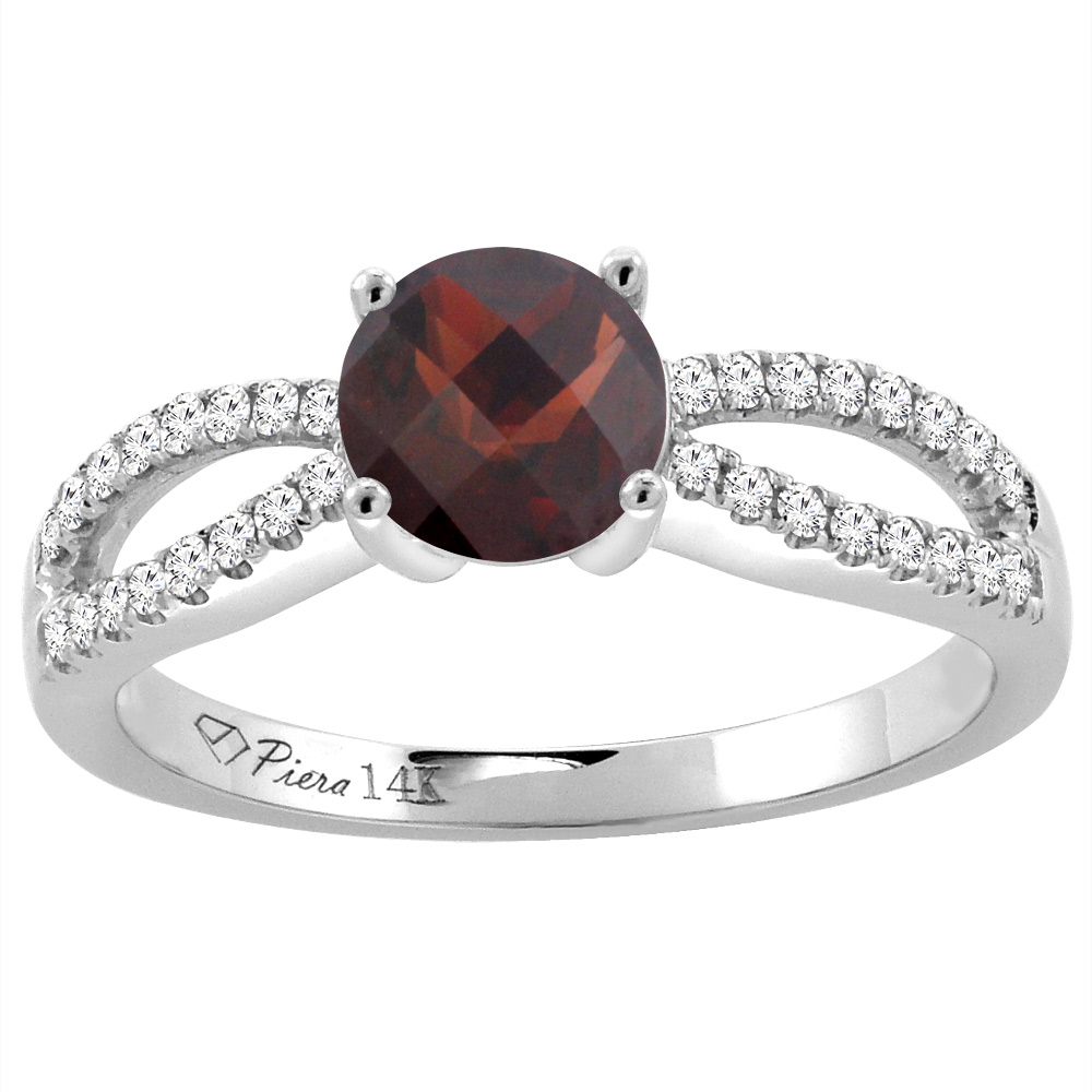 14K White Gold Diamond Natural Garnet Engagement Ring Round 7 mm, sizes 5-10