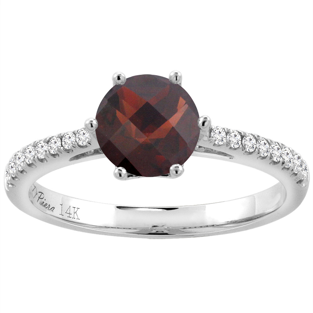 14K White Gold Diamond Natural Garnet Engagement Ring Round 7 mm, sizes 5-10