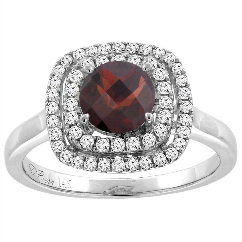 14K White Gold Natural Garnet Double Halo Diamond Engagement Ring Round 7 mm, sizes 5-10