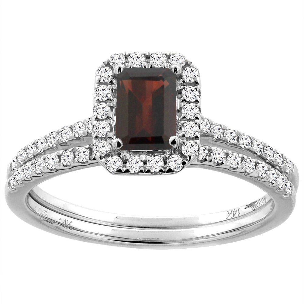 14K White/Yellow Gold Diamond Halo Natural Garnet 2pc Engagement Ring Set Octagon 7x5 mm, sizes 5-10
