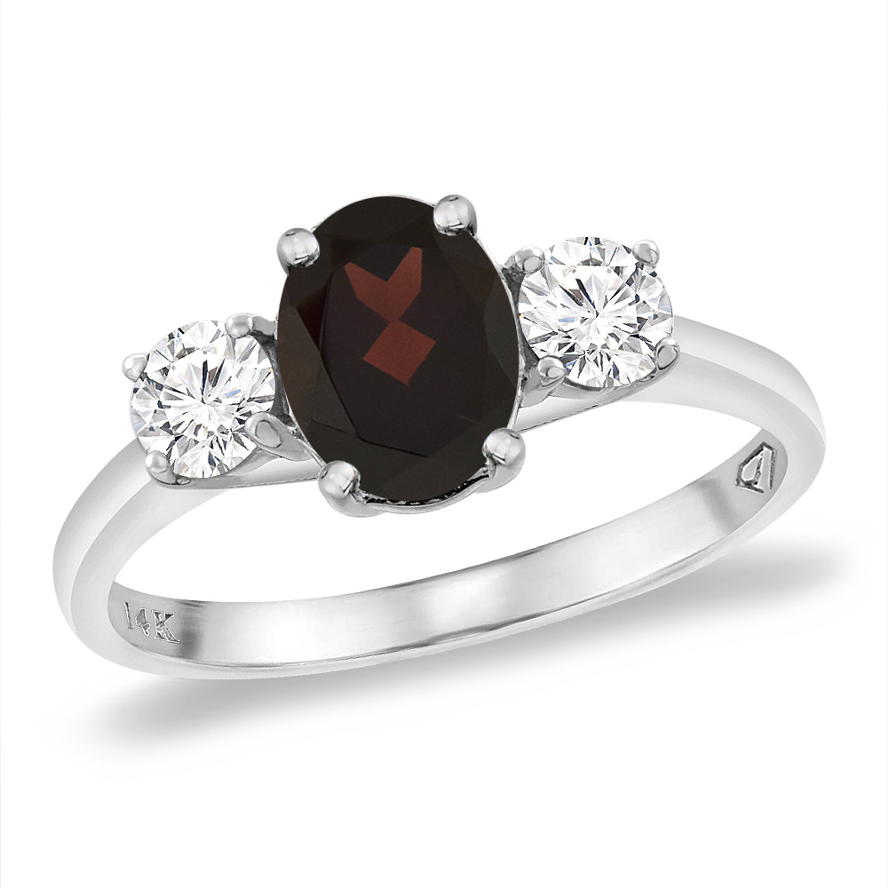 14K White Gold Natural Garnet & 2pc. Diamond Engagement Ring Oval 8x6 mm, sizes 5 -10