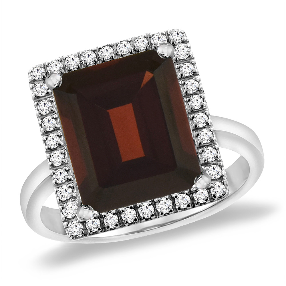 14K White Gold Natural Garnet Ring Diamond Accent 12x10 mm Octagon, sizes 5 -10