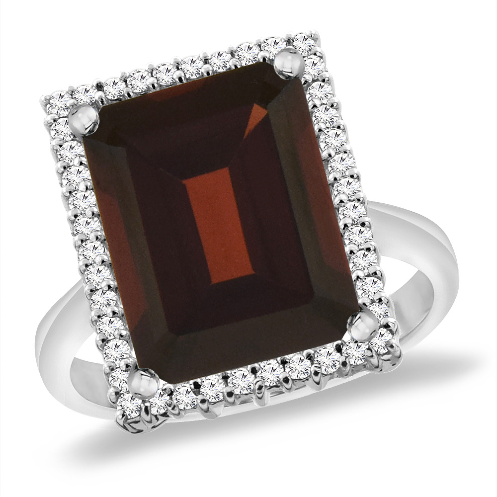 14K White Gold Natural Garnet Ring Diamond Accent 14x10 mm Octagon, sizes 5 -10