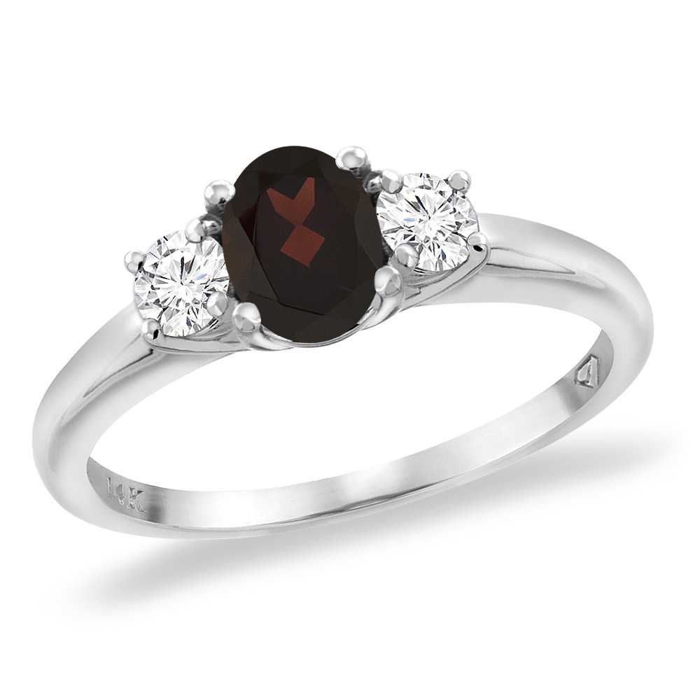 14K White Gold Natural Garnet Engagement Ring Diamond Accents Oval 7x5 mm, sizes 5 -10