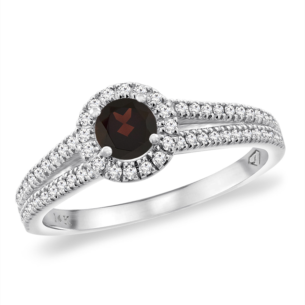 14K White Gold Natural Garnet Split Shank Diamond Halo Engagement Ring 4mm Round, sizes 5 -10