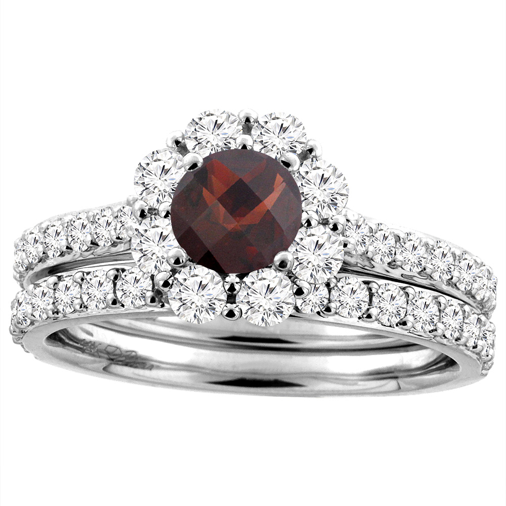 14K White Gold Diamond Natural Garnet Halo Engagement Ring Set Round 5 mm, sizes 5-10