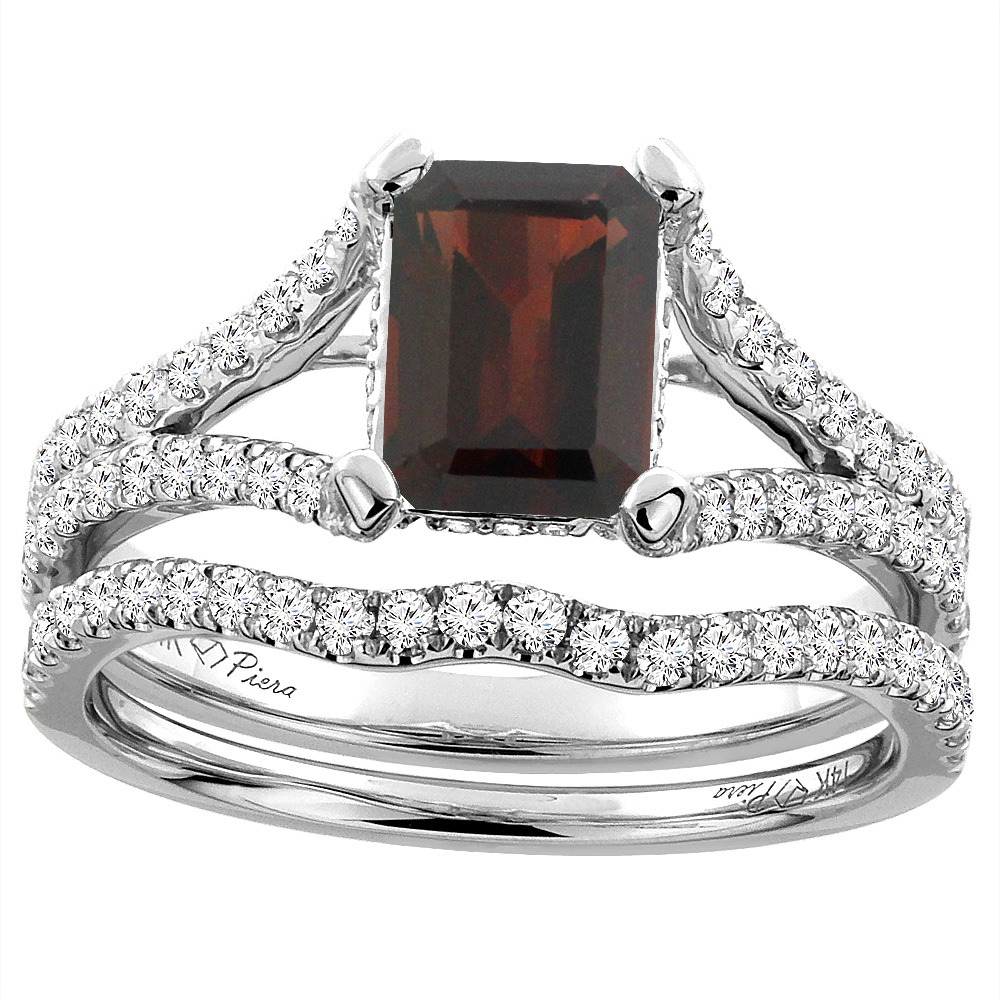 14K White Gold Natural Garnet Engagement Ring Set Emerald 8x6 mm, sizes 5-10