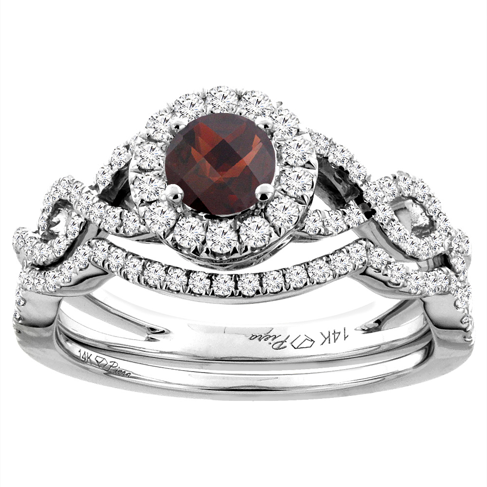 14K White Gold Diamond Natural Garnet Halo Engagement Bridal Ring Set Round 5 mm, sizes 5-10