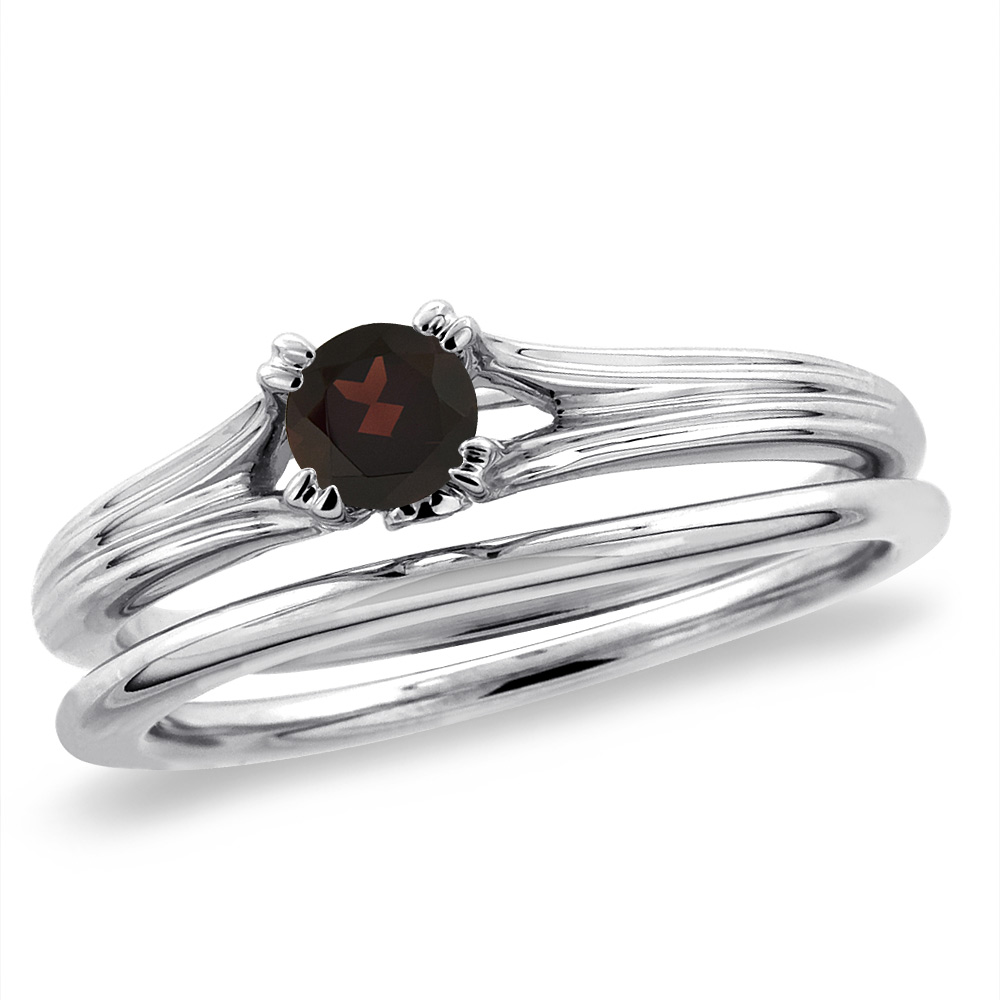 14K White Gold Diamond Natural Garnet 2pc Solitaire Engagement Ring Set Round 6 mm, sizes 5-10