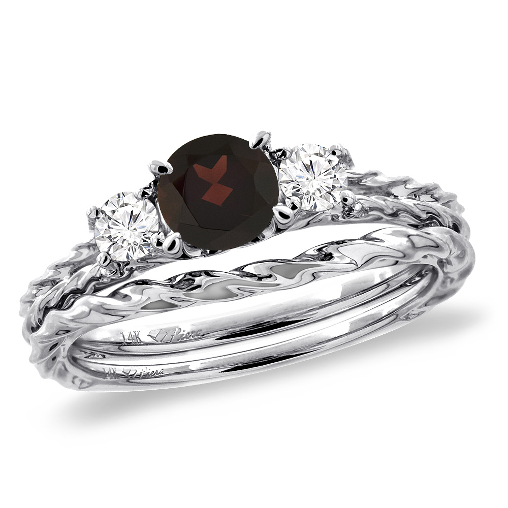 14K White Gold Diamond Natural Garnet 2pc Engagement Ring Set Round 6mm Twisted, sizes 5-10