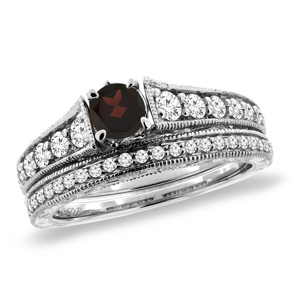 14K White Gold Diamond Natural Garnet 2pc Engagement Ring Set Round 5 mm, sizes 5-10