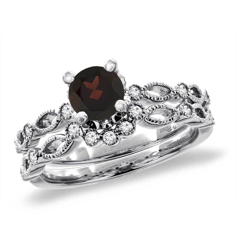 14K White Gold Diamond Natural Garnet 2pc Engagement Ring Set Round 5 mm, sizes 5 - 10