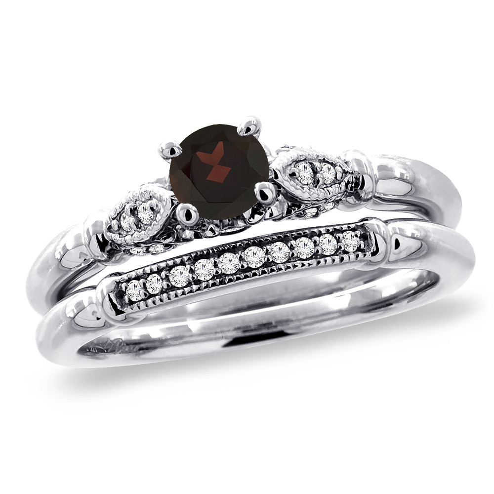 14K White Gold Diamond Natural Garnet 2pc Engagement Ring Set Round 4 mm, sizes 5 - 10