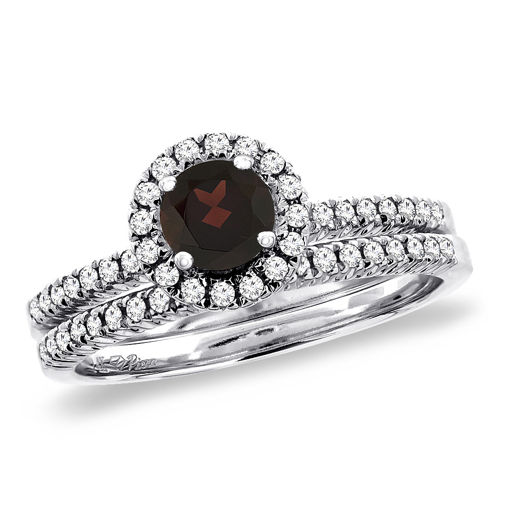 14K White Gold Diamond Natural Garnet 2pc Halo Engagement Ring Set Round 4 mm, size5-10