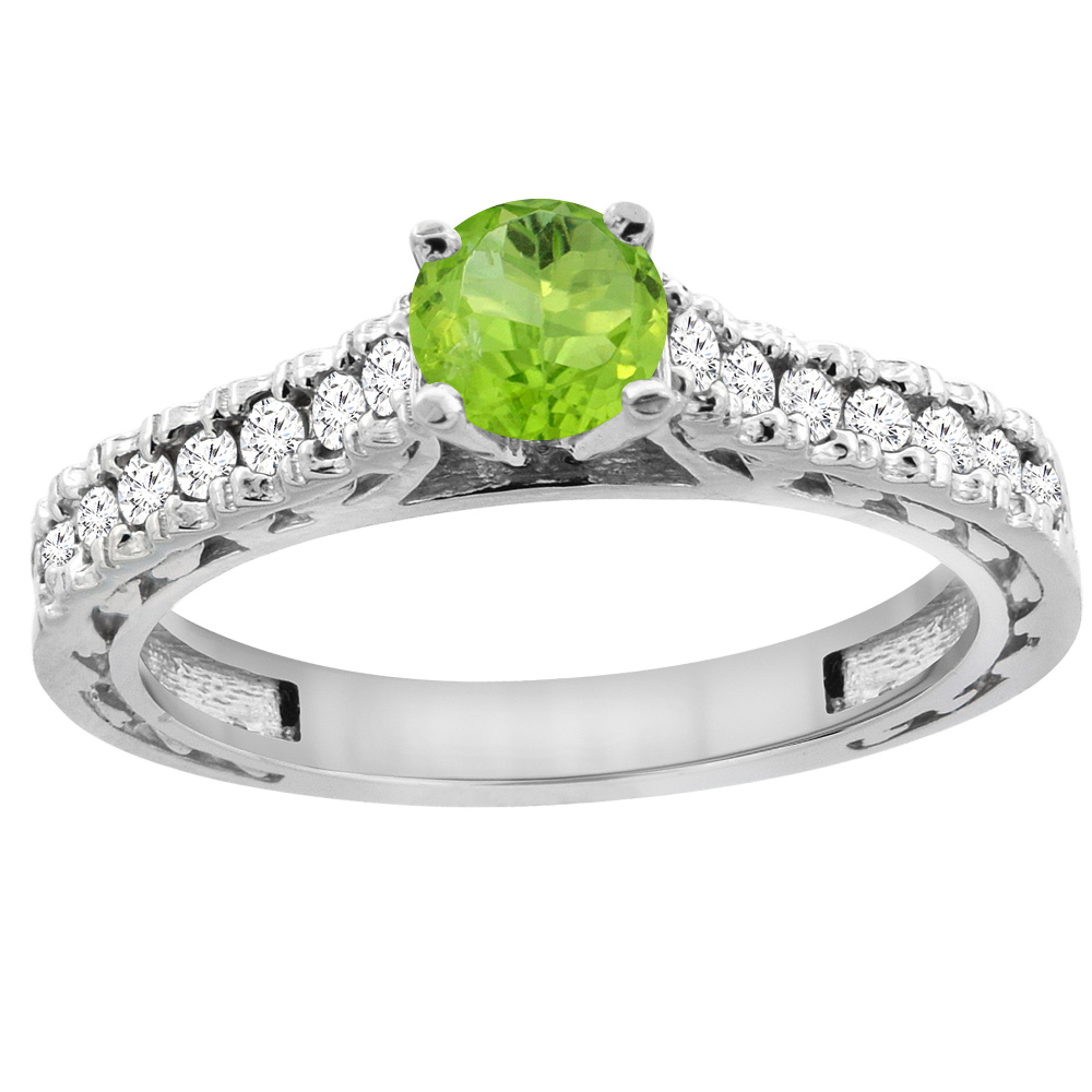 14K White Gold Natural Peridot Round 5mm Engraved Engagement Ring Diamond Accents, sizes 5 - 10