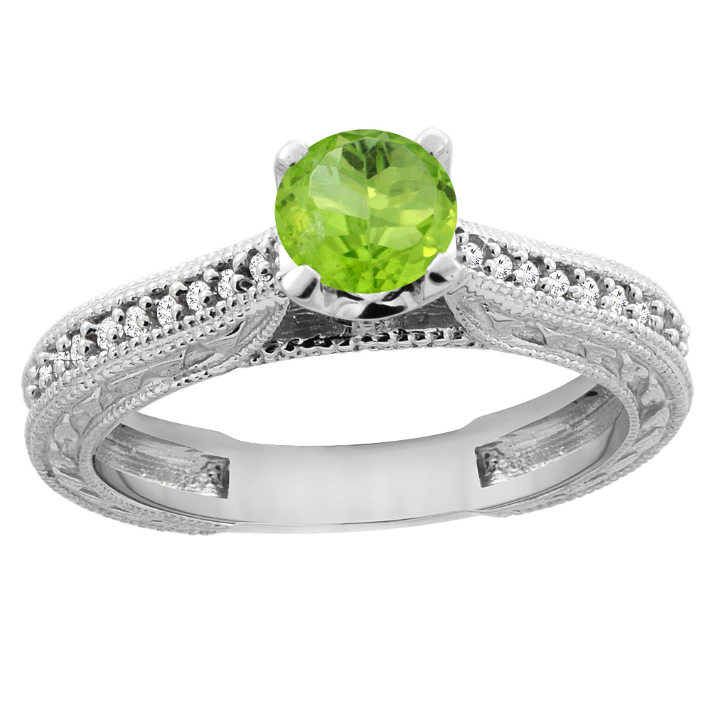 14K White Gold Natural Peridot Round 5mm Engraved Engagement Ring Diamond Accents, sizes 5 - 10