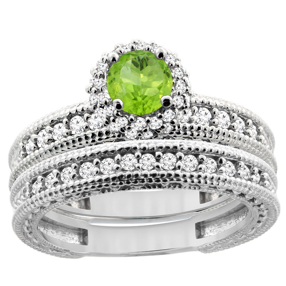 14K White Gold Diamond Natural Peridot Round 4mm Engagement Ring 2-piece Set, sizes 5 - 10