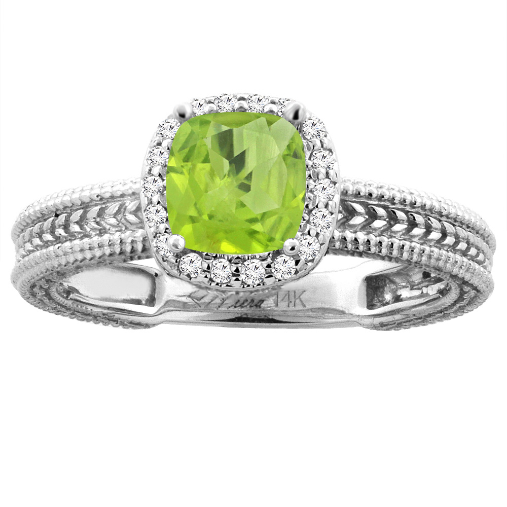 14K White Gold Diamond Natural Peridot Engagement Ring Cushion 7x7 mm, sizes 5-10