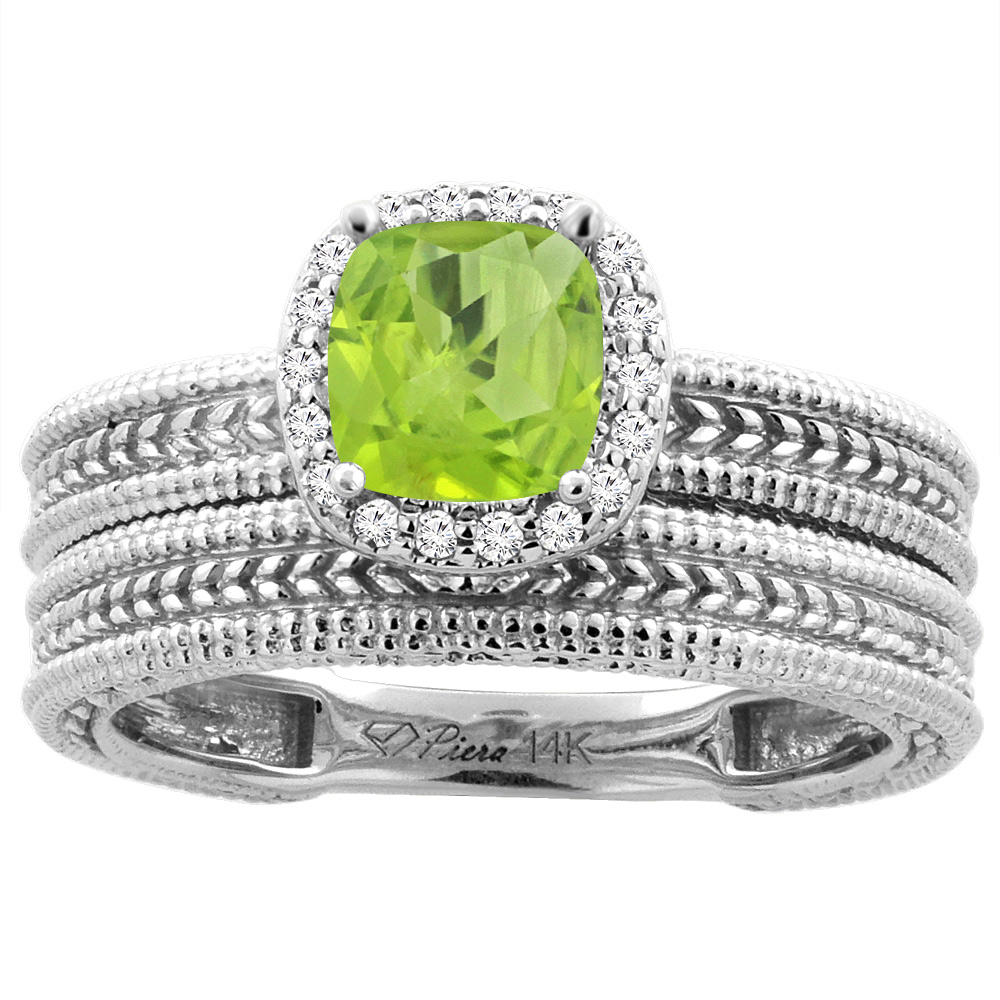 14K Yellow Gold Diamond Natural Peridot 2-pc Engagement Ring Set Cushion 7x7 mm, sizes 5-10