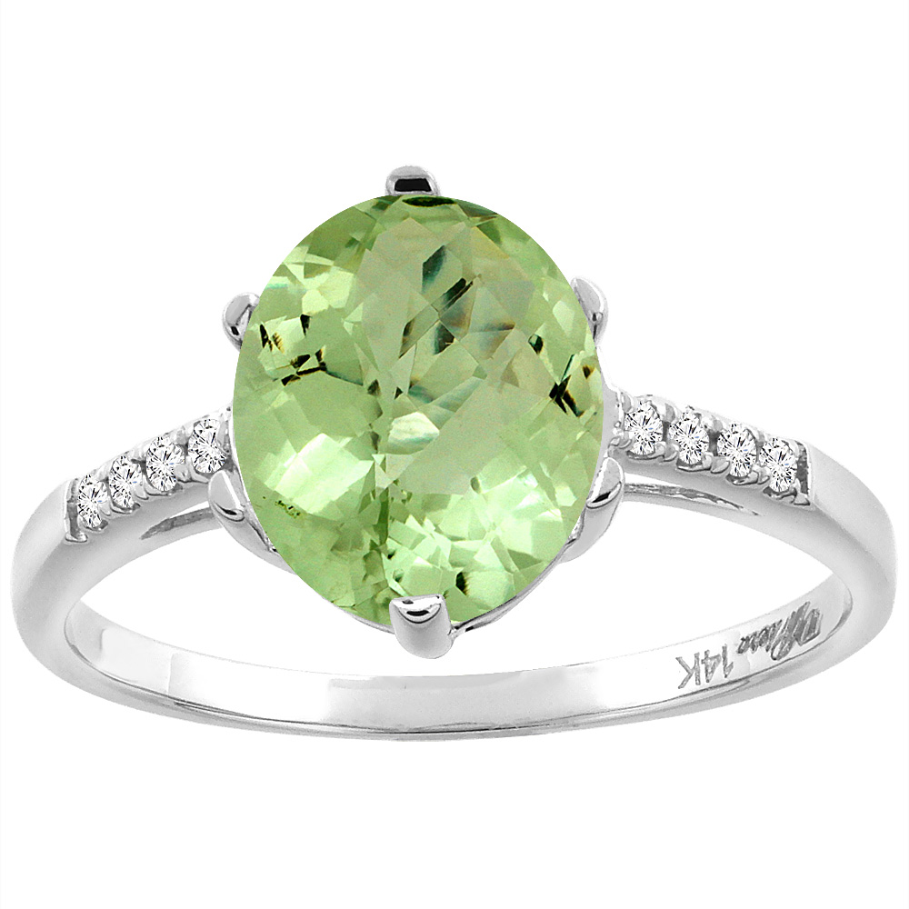 14K White Gold Natural Peridot &amp; Diamond Ring Oval 10x8 mm, sizes 5-10