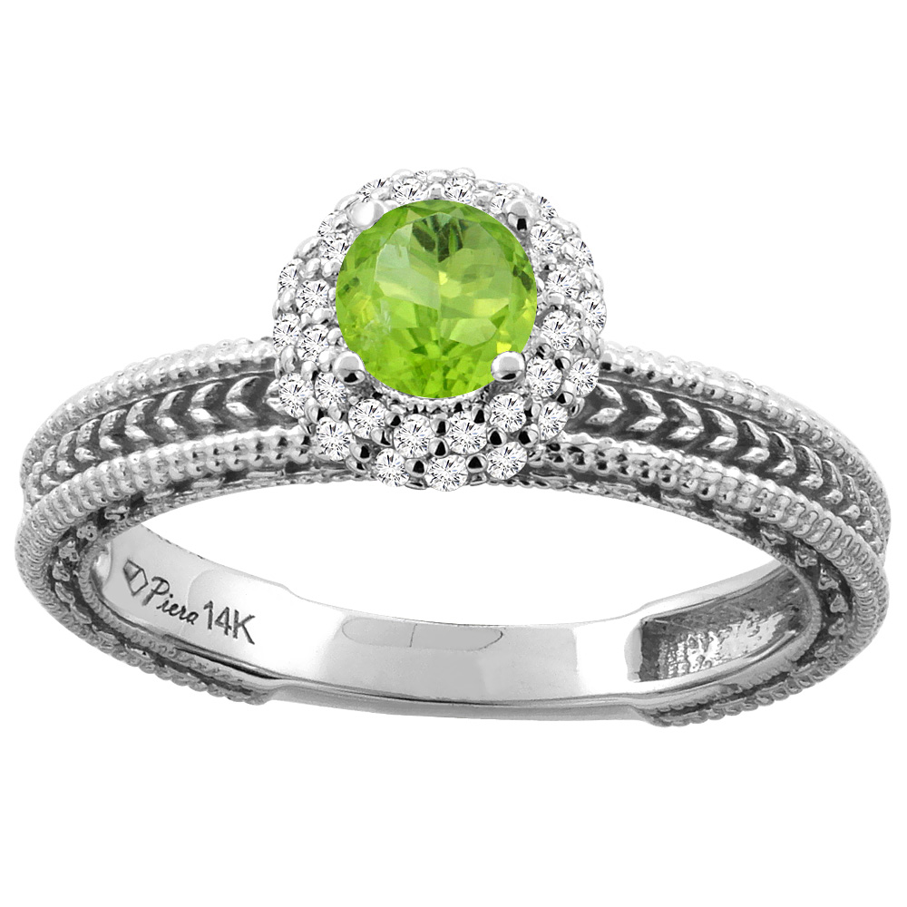 14K White Gold Natural Peridot &amp; Diamond Engagement Ring Round 5 mm, sizes 5-10