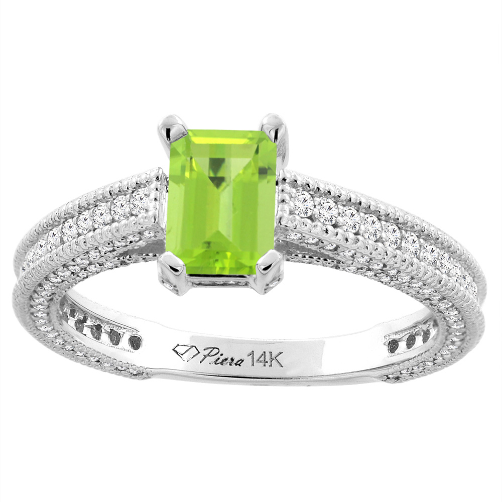 14K White Gold Natural Peridot &amp; Diamond Ring Octagon 7x5 mm, sizes 5-10