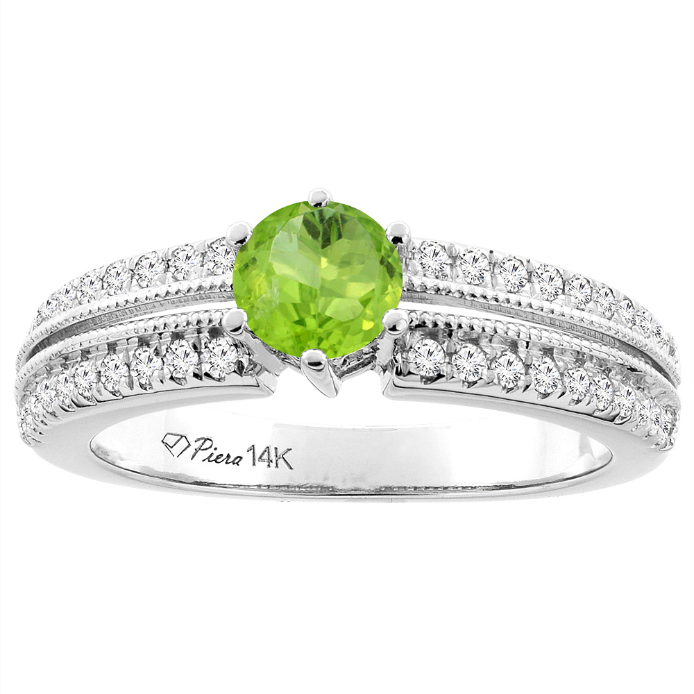 14K White Gold Natural Peridot &amp; Diamond Ring Round 6 mm, sizes 5-10