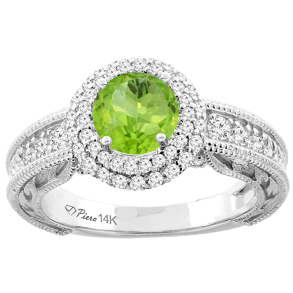 14K White Gold Natural Peridot & Diamond Halo Ring Round 6 mm, sizes 5-10