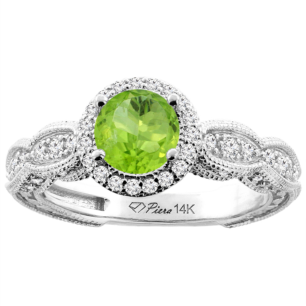 14K White Gold Natural Peridot &amp; Diamond Halo Ring Round 6 mm, sizes 5-10