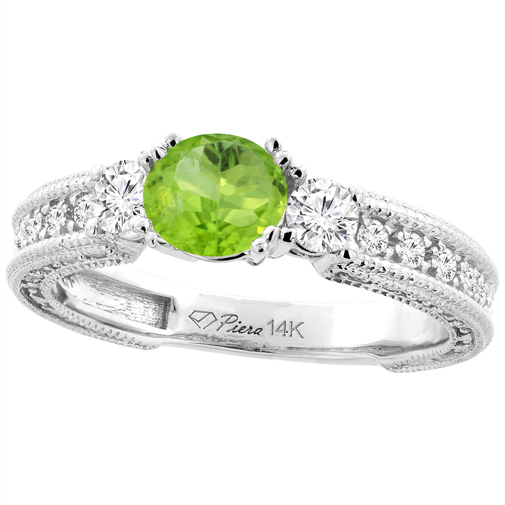 14K White Gold Natural Peridot & Diamond Ring Round 6 mm, sizes 5-10